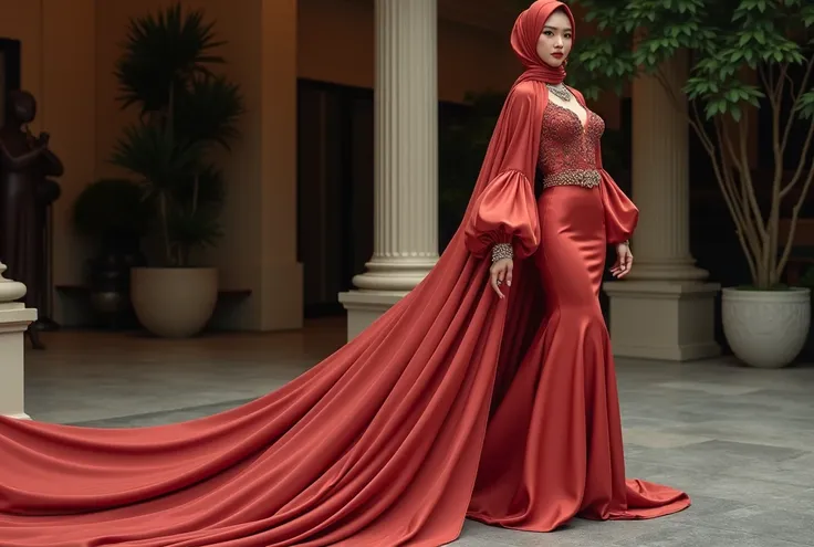 An malay woman in glamorous mermaid evening dress, long ballon sleeve bolero, long satin scarf wrapped around her arms, wear jewellery, wear modern satin hijab, entirety of fabric over botom dress about 7 meters in length trailing dramatically, glamours st...