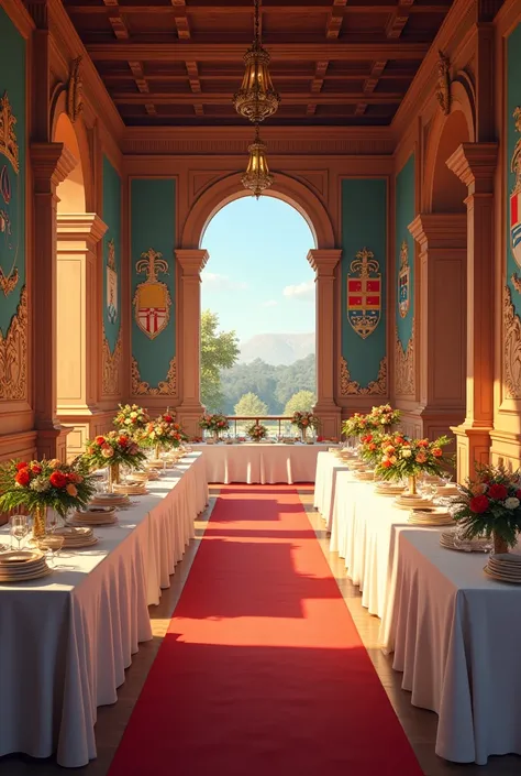 **Food and Drink Area Inside the House:**

- **Location:** In a large hall or event room inside the house.

- **structure:** Tables arranged along the walls or in a central configuration, allowing easy access to guests.

- **Decoration:** The tables are co...