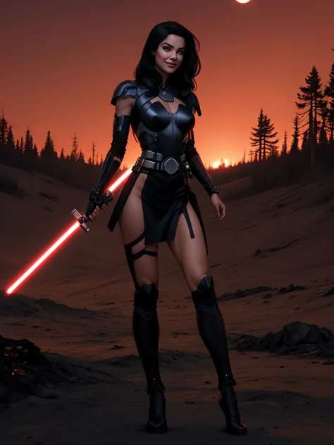 Beautiful female warrior stands with lightsaber in burnt field at night　Turn、Look at me with a sexy smile　　Bright red sky, Big Moon　Smooth black hair　full body Esbian　Looking at the camera, long lightsaber
