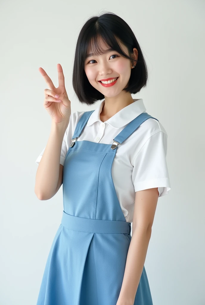 A beautiful and clear-skinned woman、Bob、bright、Dress neat and clean、front、Japanese、Blue Skirt、shirt、Smug face、Black Hair、peace sign