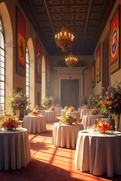 **Food and Drink Area Inside the House:**

- **Location:** In a large hall or event room inside the house.

- **structure:** Tables arranged along the walls or in a central configuration, allowing easy access to guests.

- **Decoration:** The tables are co...