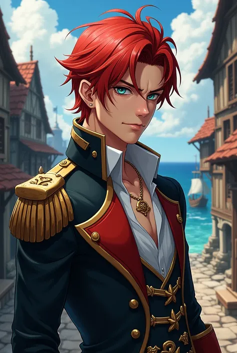 young adult man with red hair in medieval times and pirate, with a bold expression and an air of superiority , anime version