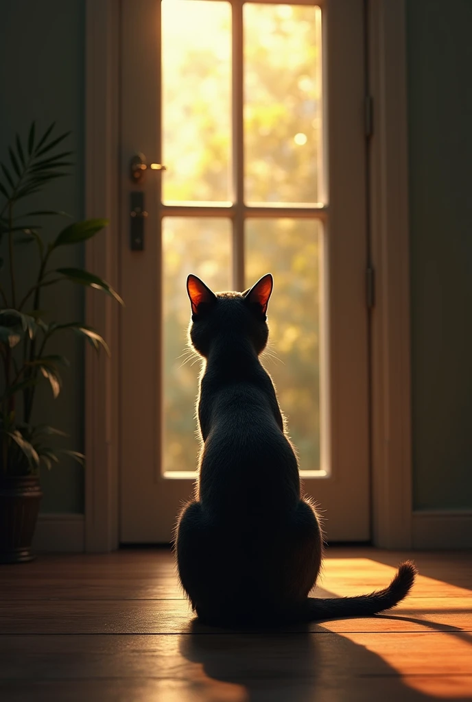 Back view of a cat standing in front of a closed door