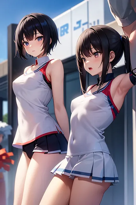 masterpiece, best quality,anime style, 1 girl,(((slender body))), (((small eyes,small breast))),(((cheerleader uniform))),(cum), (beautiful face), (((short twintail))), (((straight hair))), ((((black hair)))),detailed beautiful skin, (perfect hands, perfec...