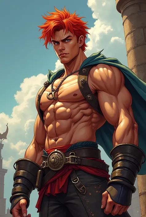 young adult muscular man with red hair in medieval and pirate times, with a bold expression and an air of superiority , anime version