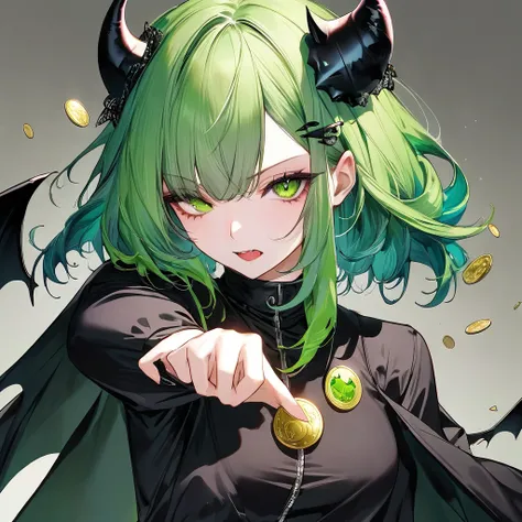 A green-haired woman in demon clothing flipping a coin