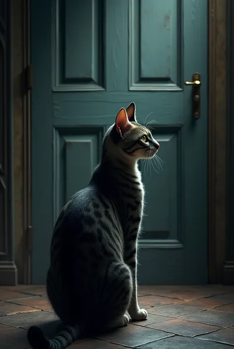 Back view of a cat standing in front of a closed door