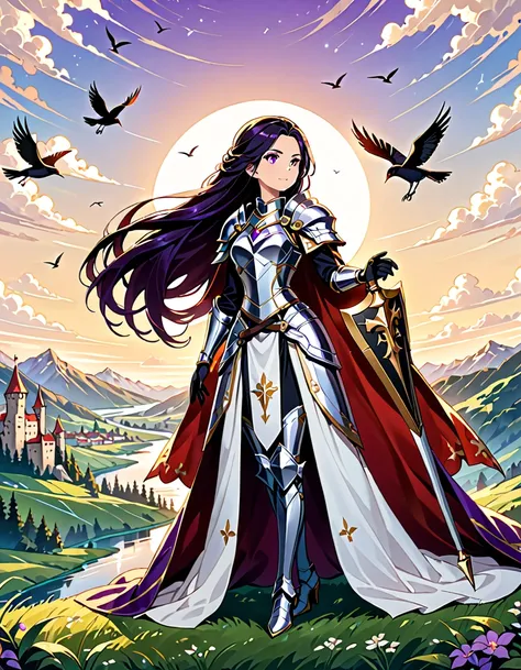 a majestic artwork of a graceful female paladin standing in a grand, medieval landscape. the full-body view reveals her adorned ...