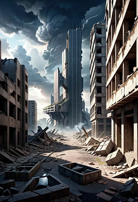 a desolate, post-apocalyptic landscape, ruined buildings, cracked earth, dark clouds, post-apocalyptic world, destroyed city, dystopian future, abandoned city, nuclear fallout, gloomy atmosphere, post-apocalyptic environment, crumbling infrastructure, eeri...