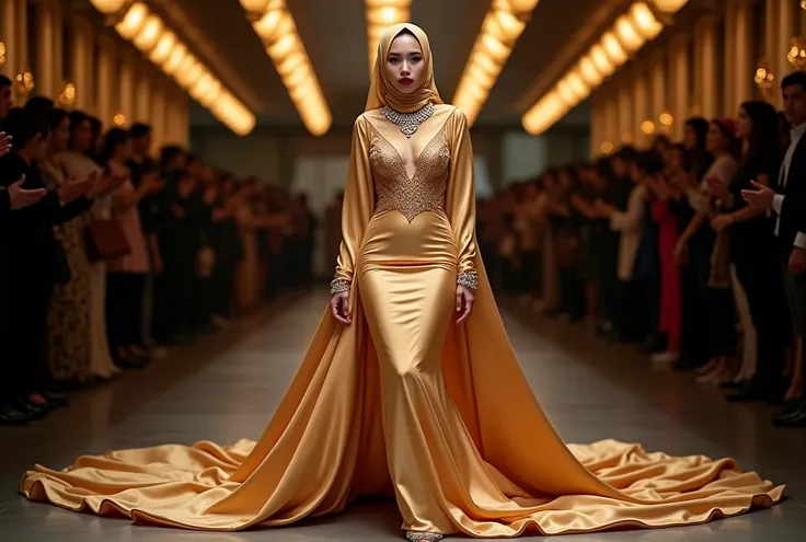 An malay woman in glamorous mermaid evening dress, long ballon sleeve bolero, long satin scarf wrapped around her arms, wear jewellery, wear modern satin hijab, entirety of fabric over botom dress about 7 meters in length trailing dramatically, glamours st...