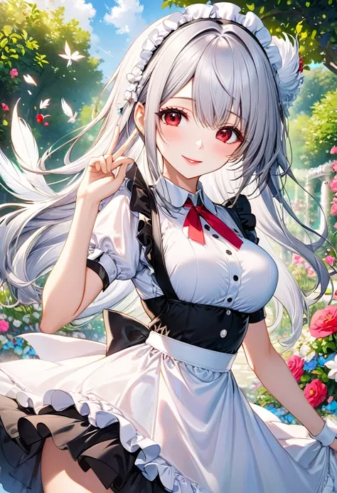 (beautiful sexy Married Woman style), (master detailed Peace sign hand) (solo:2, 24 yo), (dynamic pose), (immensely beautiful skin),  (beautiful detaileds hime-cut) (beautiful detailed silver hair, very beauty long hair) (best sexy woman, best sexy red eye...