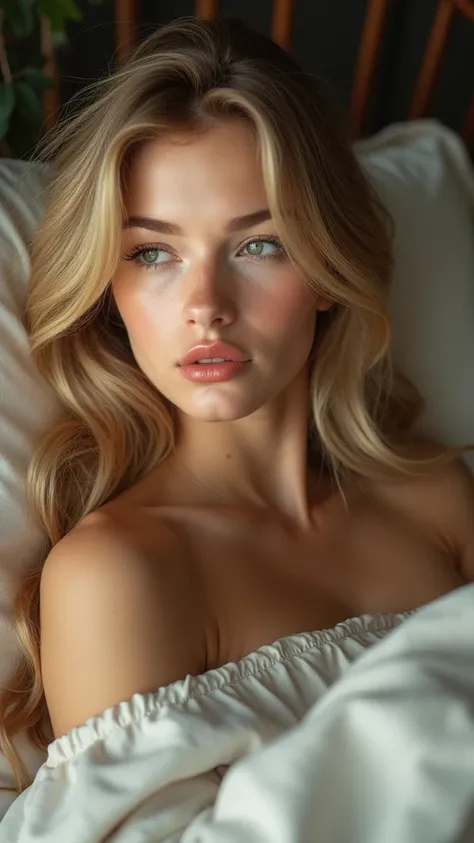 A young and beautiful woman, blonde hair hairstyle，It falls gently over your shoulders in waves., medium high, big green eyes, with light skin, I was in pajamas, She was in bed, Take care of your hair before going to bed., The environment is illuminated by...