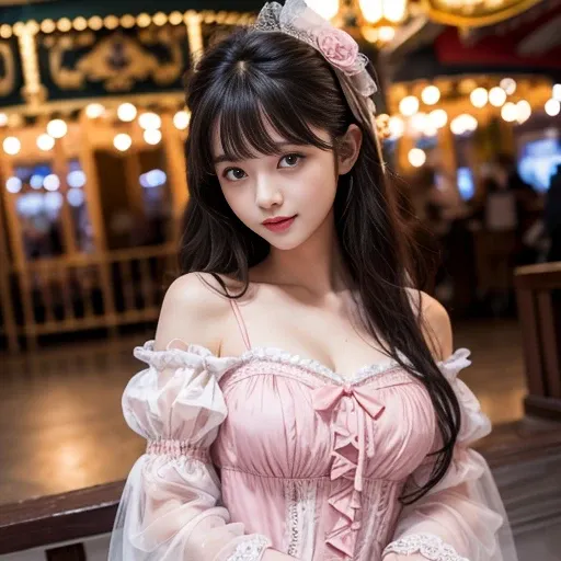 41 year old woman, Side shot, Bow at the back of the waist, Skirt length to calf, cupcake dress, Layered skirt with lace on each layer, Wear a LOLITA dress, layered dress, Pink lolita skirt, lots of lace, Long sleeve, Wide sleeves, Big skirt, layered lace ...