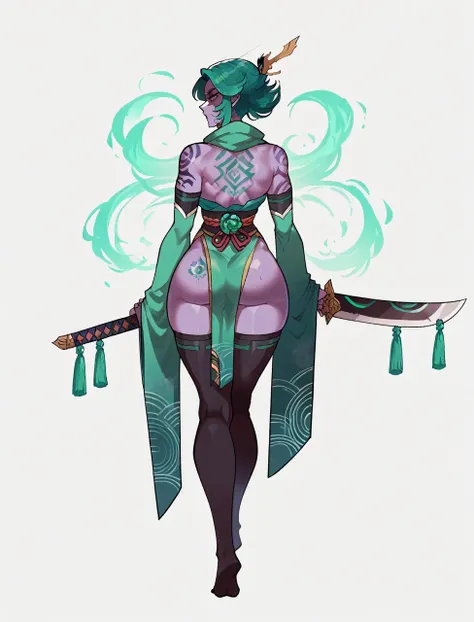 score_9, score_8_up, 1girl, goddess, full body kimono cursed clothing, arm sleeves, thick body, sword in hands, looking away, thick ass, purple skin, teal green hair, tattoo on back, tattoo on neck, looking at viewer, black stockings, teal green eyes, pov ...