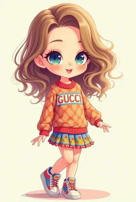 "A cute chibi version of Namie Amuro styled in a high-fashion GUCCI outfit. She is wearing a colorful and patterned GUCCI sweater, a matching skirt, and stylish sneakers. The character has her hair styled in loose waves, with a small smile on her face. The...