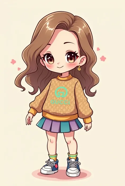 "A cute chibi version of Namie Amuro styled in a high-fashion GUCCI outfit. She is wearing a colorful and patterned GUCCI sweater, a matching skirt, and stylish sneakers. The character has her hair styled in loose waves, with a small smile on her face. The...