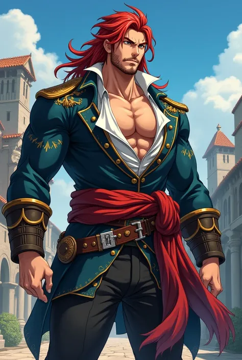 young adult man of large build with red hair in medieval times and pirate, with an air of superiority , anime version, less muscles