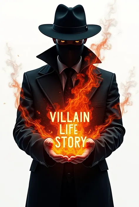 Generate me a image of black mask hacker wearing black hat and black suit, and make it like the fire iis coming out of his palm and in the fire just write "VILLAIN LIFE STORY" and at end of the page or bottom middle side of page write "RELEASING SOON". Mak...