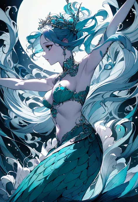 A lovely woman mermaid (Turquoise colored hair, Pale skin, Blue scales, breast coverage）Stretching in the sea，Dance，Show your whole body，Side view