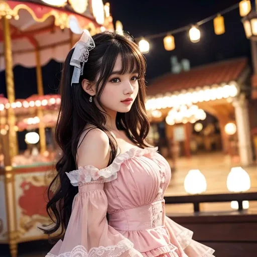 41 year old woman, Side shot, Bow at the back of the waist, Skirt length to calf, cupcake dress, Layered skirt with lace on each layer, Wear a LOLITA dress, layered dress, Pink lolita skirt, lots of lace, Long sleeve, Wide sleeves, Big skirt, layered lace ...