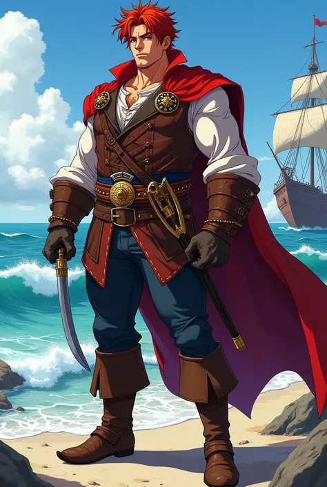 young adult man of large build with red hair in medieval times and pirate, with an air of superiority , anime version, younger 