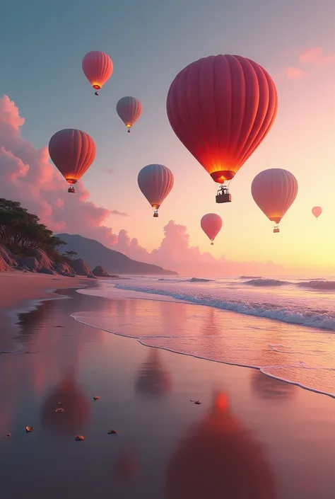 A beach with dusk floating hot air balloons 