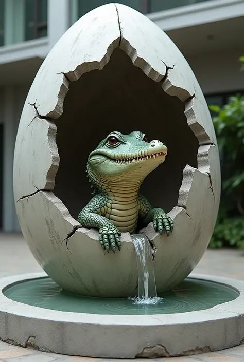 A crocodile egg sculpture with a baby crocodile emerging from a concrete 2-meter tall building with a flowing fountain.