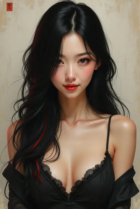 a Japanese woman with black hair and red highlights, white skin, sexy