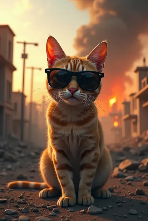 A cat with sunglasses posing for a photo and behind him a bombed and burning village

