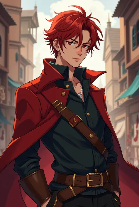 medium sized man, young adult with red hair in medieval and pirate times, with an air of superiority , anime version, Older