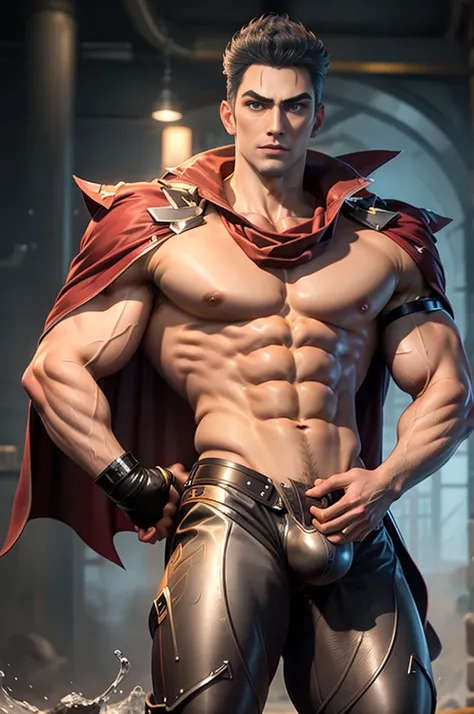 Eddie Peng，complicated，masterpiece，best quality，Bright colors，Ultra HD resolution，Wearing a cape，Naked upper body，For the audience，Oval face，Cold，brave，Sexy，Muscular，Crotch bulge、expansion，Liquid gushing out of the crotch，pectoralis major，Eight-pack abs，Bi...