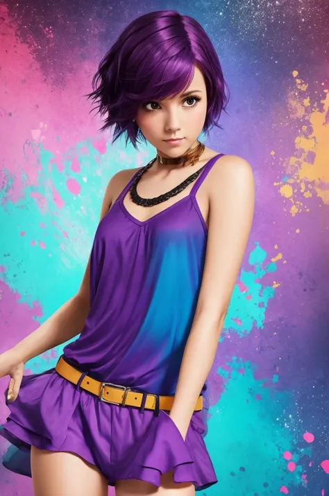 girl, short purple hair, sad, dancing, colorful outfit