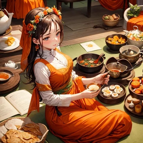 A woman, Ancient costume in orange color and flowers drawings,cooking tea,tea set white background 