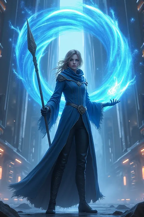 Sorcerer, blue magic in hand, amazing, standing tall and strong, futuristic clothes, light brown hair, staff in other hand, fortress in background