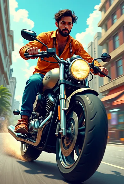 A manga-style Indian on a motorcycle.