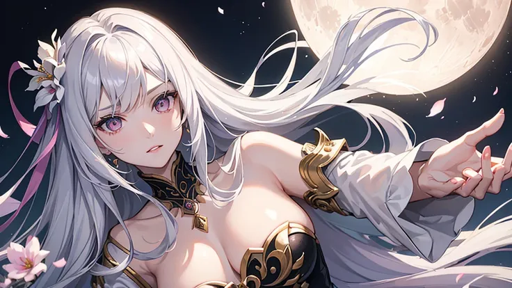 Masterpiece, Superb Girl, Night Moon Full Moon, 1 Female, Mature Woman, Sister, Royal Sister, Cold Face, Expressionless, Silver-White Long-Haired Woman, Light Pink Lips, Calm, Intellectual, Three-banded Gray Eyes, Assassin Short Knife, Flower Ball Backgrou...