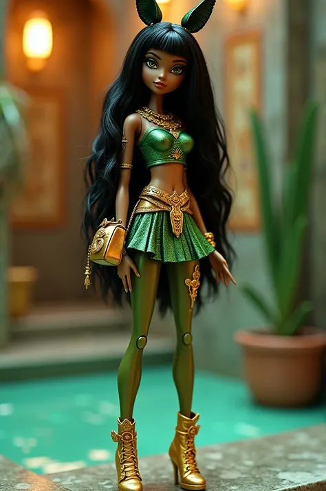 Modelo de boneca monster high, Cleo Di Nile, Egyptian, black hair and green water, caramel brown skin, with clothes inspired by the God Anubis, bringing elements of death, ahnk, golden clothes, green water, Modern 2000s style clothing with strong Egyptian ...