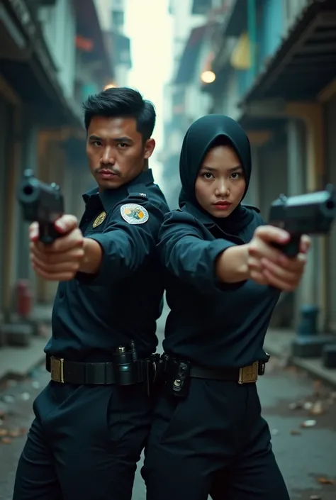 (photography)(dynamic) Show a female Malay detective, wearing hijab. And a Malay male detective holding guns. Action pose. Dynamic duo taking out criminals.