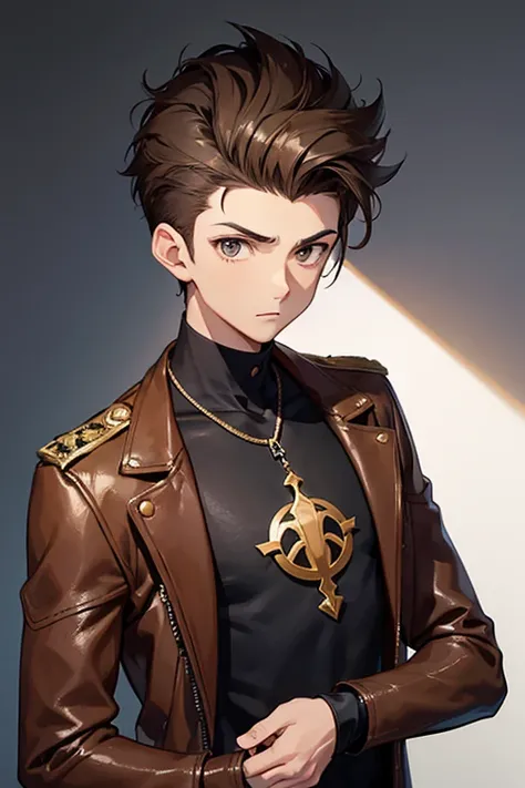 a 16-year-old boy, light brown hair short on the sides and long on top with a pompadour, brown eyes, brown t-shirt, black leather jacket with a golden cross, blue jeans, looking in profile directly at the viewer, white background