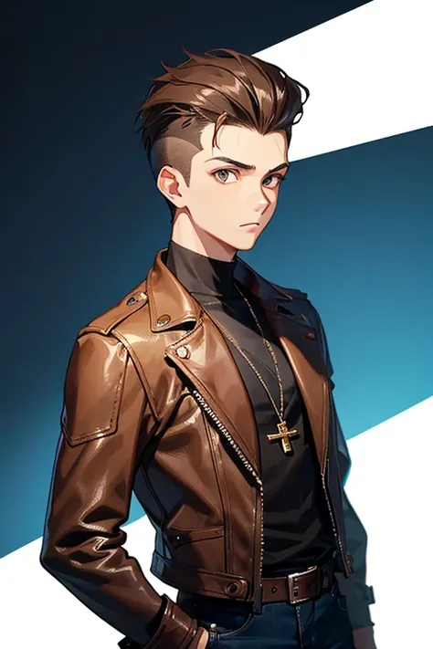 a 16-year-old boy, light brown hair short on the sides and long on top with a pompadour, brown eyes, brown t-shirt, black leather jacket with a golden cross, blue jeans, looking in profile directly at the viewer, white background