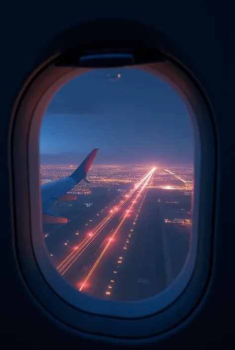 Airplane window at night about to take off very real