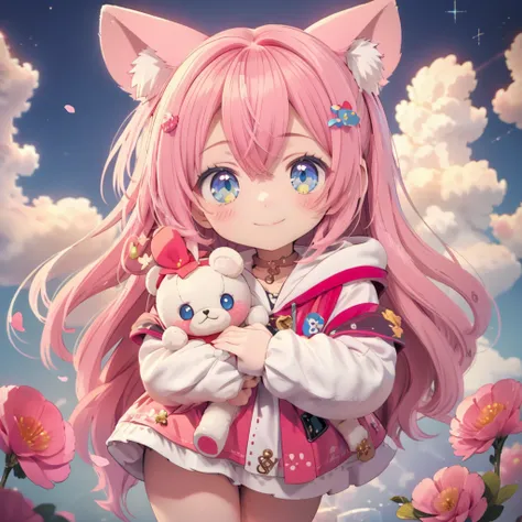 digital art style，big head，baby pink hair，cute瞳，adorable smile，ezvian everywhere、pure、hoodie fashion，pure，cute，cute，teddy bear🧸，...