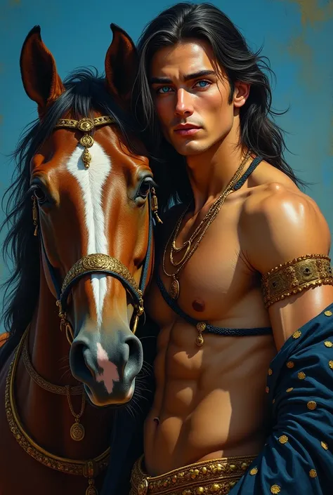 full body long shot, wide shot, a beautiful man with long hair and bright piercing blue eyes, standing next to his horse in the style of Artgerm, detailed oil painting portrait, perfect face features, wearing gold jewelry, blue background, yellow lighting,...