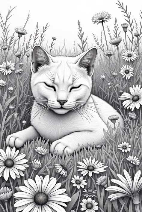 a drawing of a cat lying in a field of flowers, coloring page, Highly detailed illustration, highly detailed linework, extremely detailed linework, high detailed portrait, insanely detailed linework, hyper detailed line art, high detailed drawing, line art...