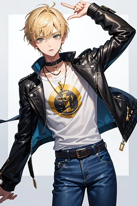 16 year old boy, blonde hair short on the sides and pointed up, gray eyes, blue leather jacket yellow shirt with musical print blue jeans slim build black belt gold cross necklace looking directly at viewer white background