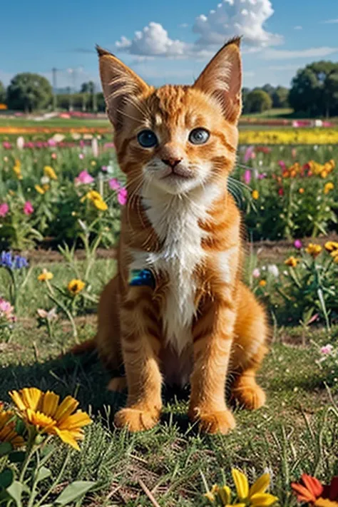 Playful orange kitten in a vast field of colorful flowers, blue sky, cheerful atmosphere