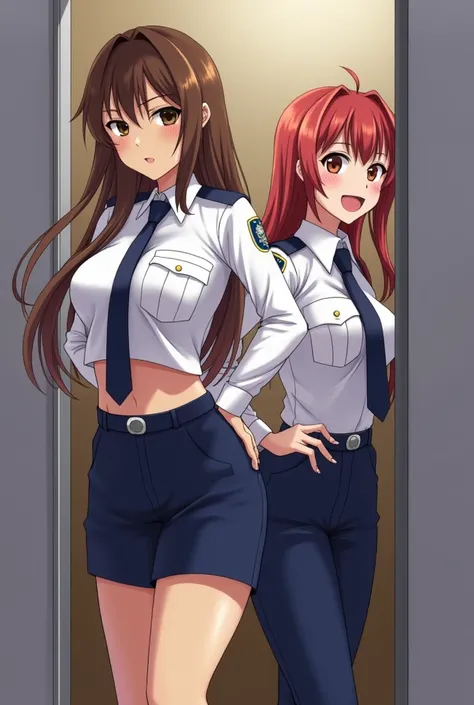 2girls,roromiya,ririchiyo, lesbian, yuri, tiny breasts, sweaty, stripping off police uniform, in a changing room,masterpiece, best quality