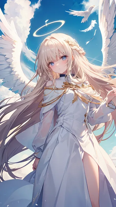 long hair, straight hair, bangs, halo, perfect eyes, soft light, high quality, 4k resolution, ((angel)), ((an angel with wings o...