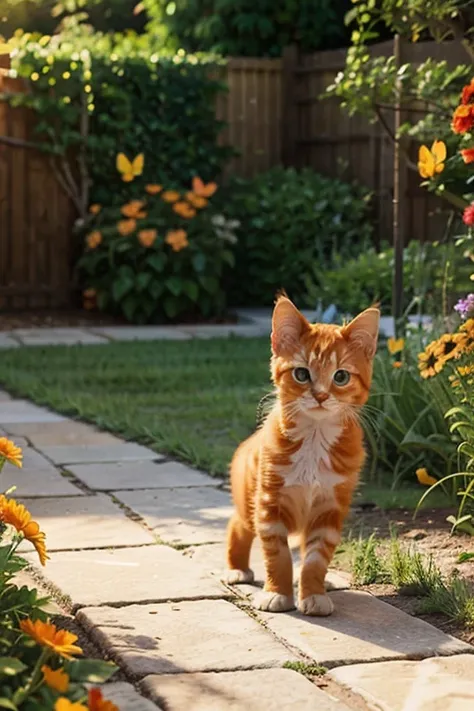 Cute orange kitten chasing a colorful butterfly in a backyard garden, soft sunlight, cartoon style