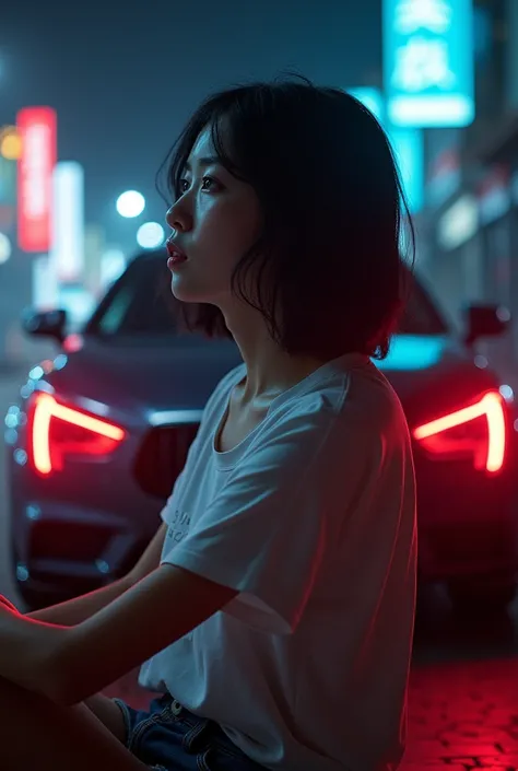 A Japanese woman is sitting next to a car,  （"BUDDICA" It is written there）,Look away from the viewer, T-Shirts, Cinema Lighting, Shine,Back view、Great view point